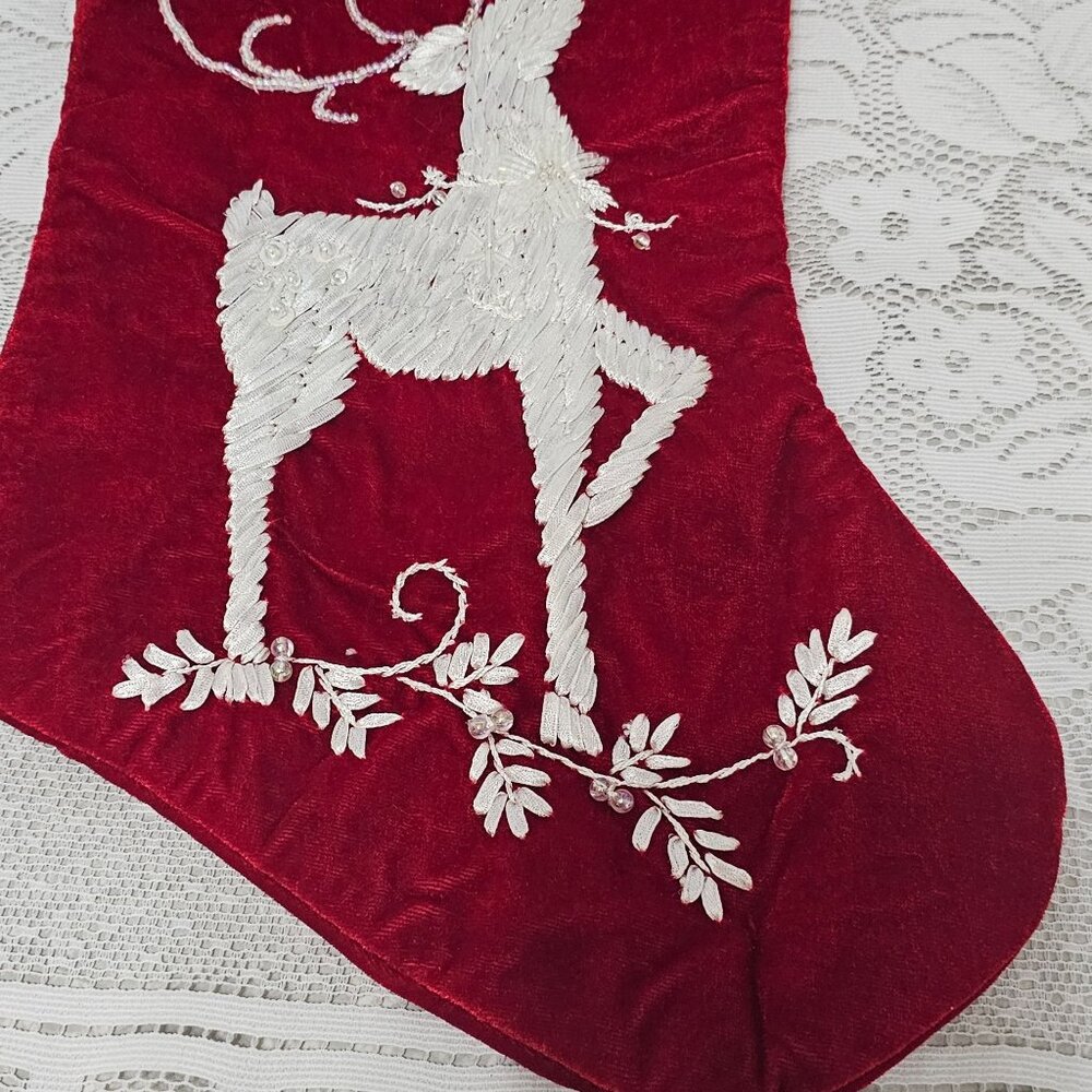 Red Velvet Christmas Stocking 18" handsewn ribbon reindeer lace beaded 2003 vtg - Picture 4 of 8